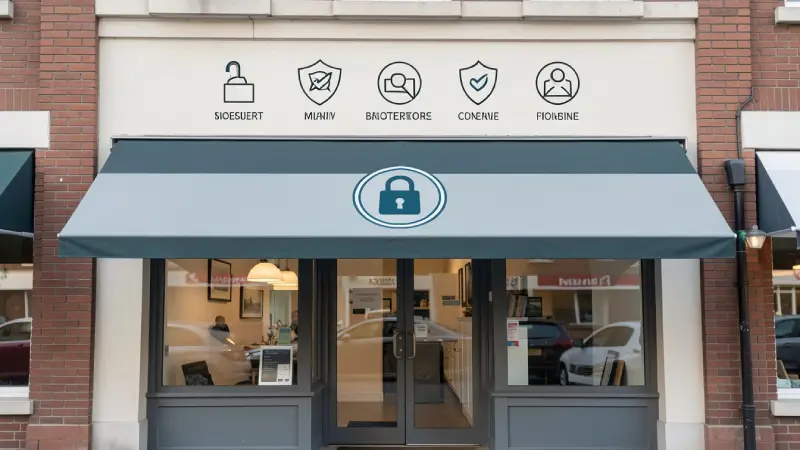 Small business storefront with padlock emblem, neat awning, row of minimal protection icons above entrance