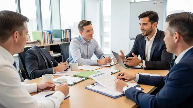 Small business team consulting insurance documents, manager explaining terms, coffee cups and organized folders