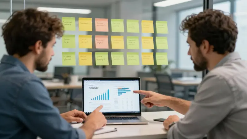 Startup founders analyzing business coverage on laptop