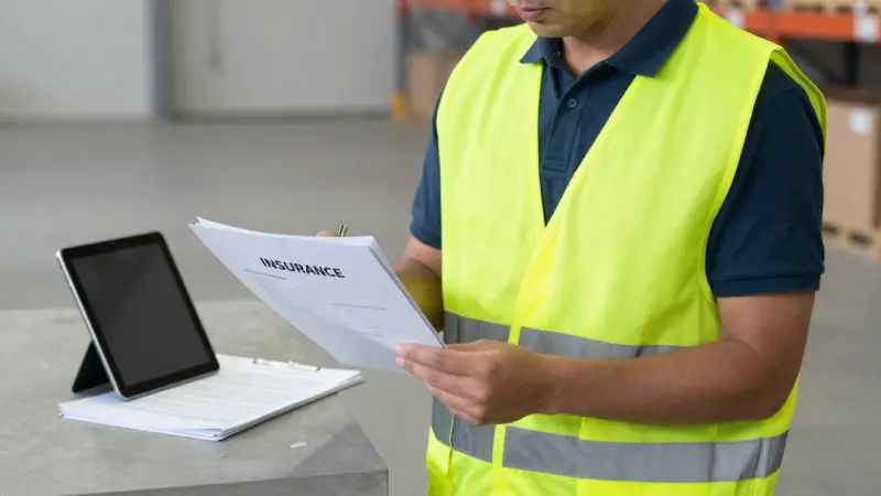 Warehouse manager reviewing insurance documents, high-visibility vest, tablet beside paperwork, concrete industrial background