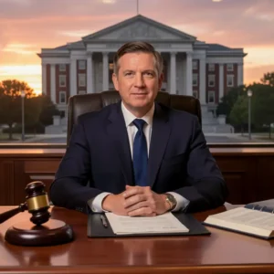 Professional legal photo, a serious male attorney in a dark navy suit sitting at a mahogany desk, American courthouse in the background through large windows