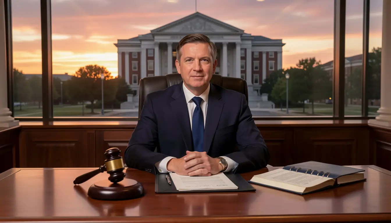 Professional legal photo, a serious male attorney in a dark navy suit sitting at a mahogany desk, American courthouse in the background through large windows