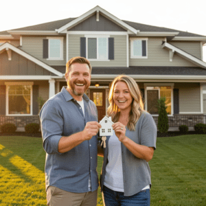 happy American couple holding house keys in front of their new suburban home