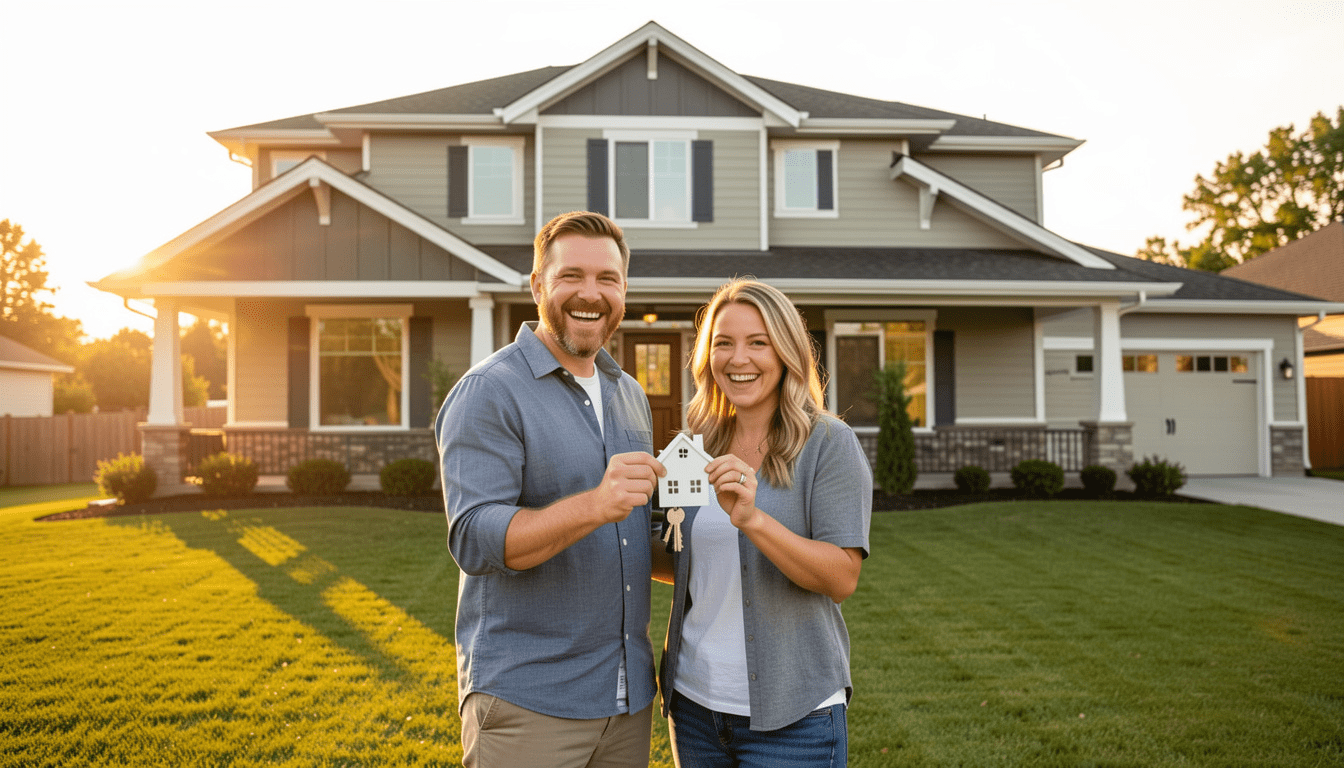 happy American couple holding house keys in front of their new suburban home