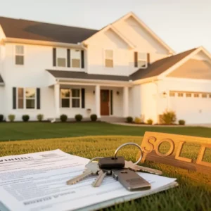 Modern American suburban house with a sold sign, warm golden hour lighting,