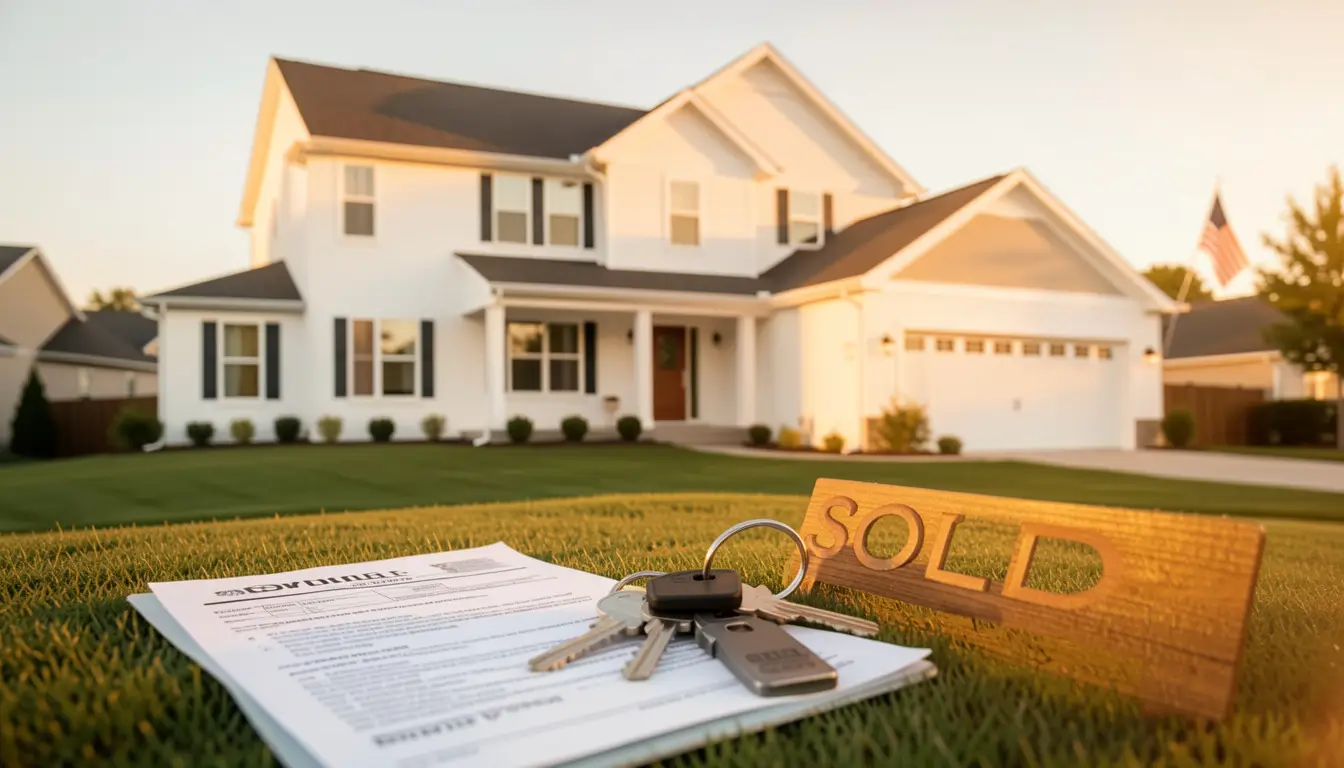 Modern American suburban house with a sold sign, warm golden hour lighting,