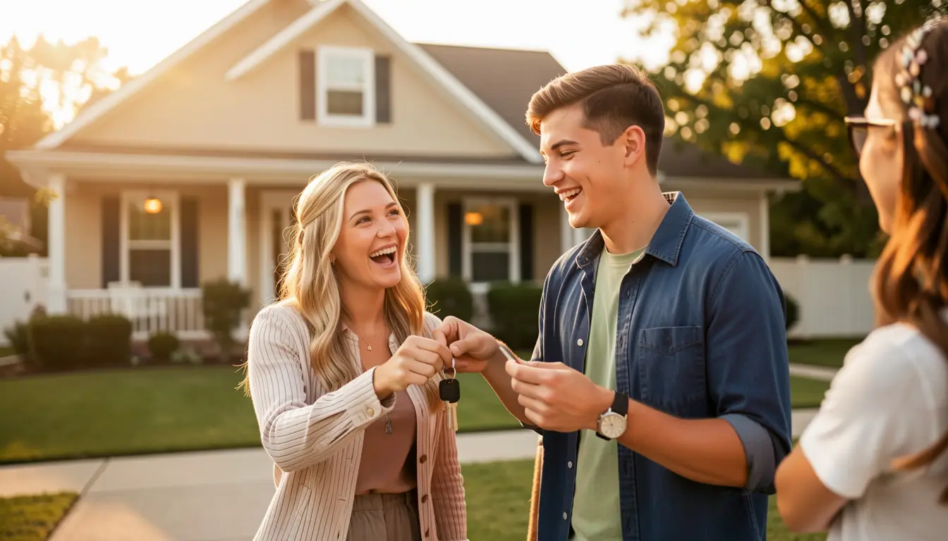 Happy young American couple receiving house keys from real estate agent