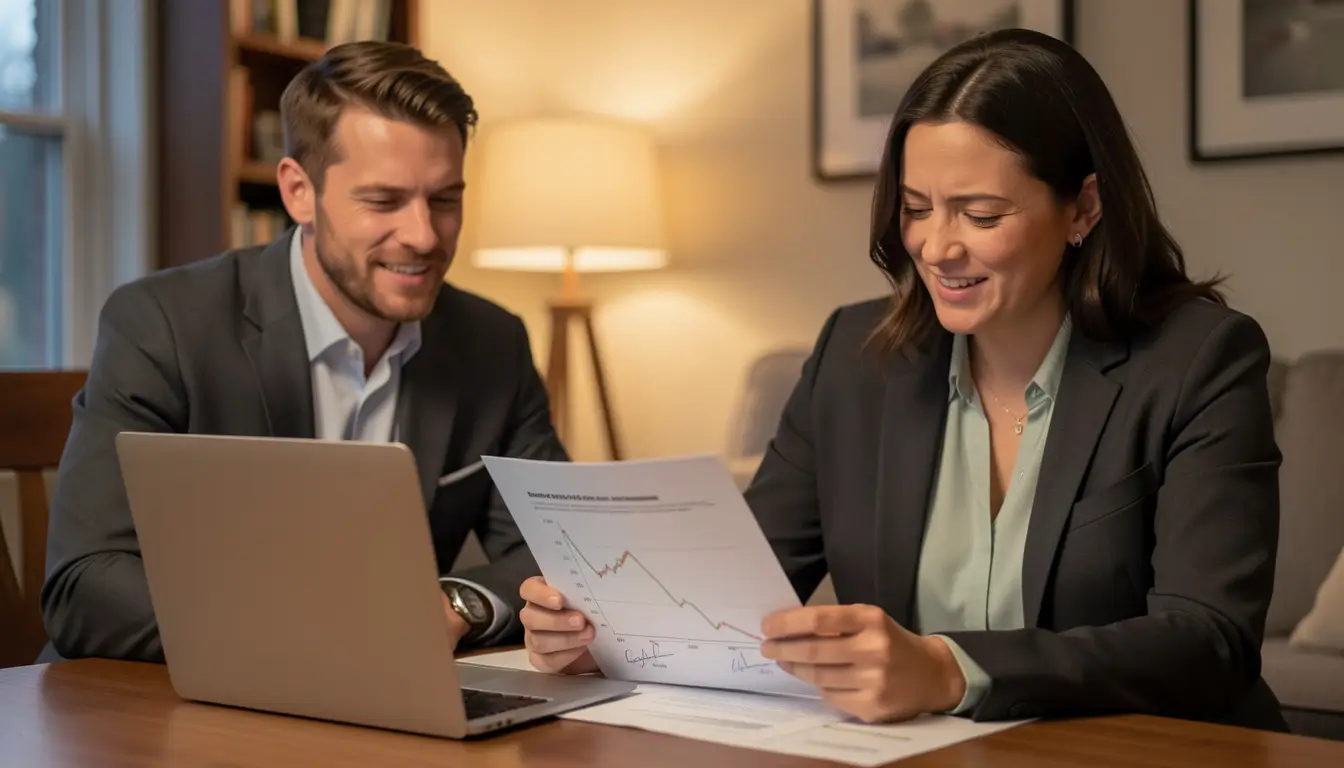 Professional couple reviewing mortgage refinance documents at home,