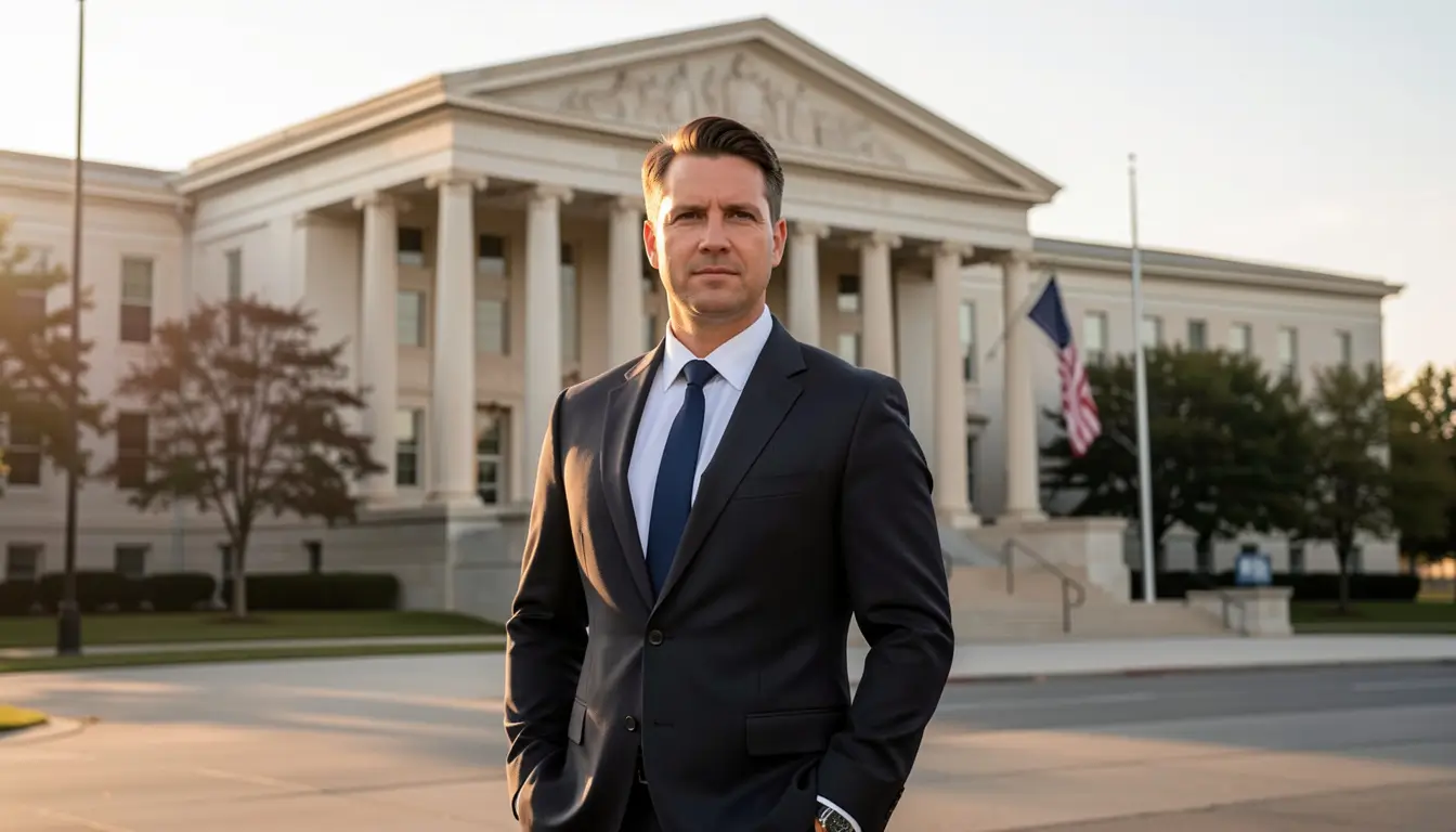 Serious professional truck accident attorney in suit standing in front of American courthouse