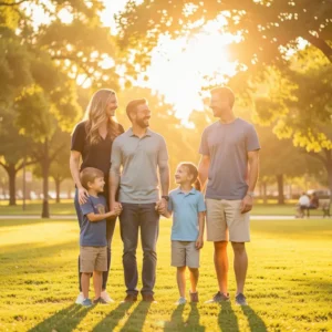 Happy American family of four in a sunny park, parents protecting children concept