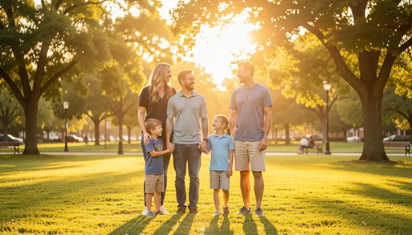 Happy American family of four in a sunny park, parents protecting children concept