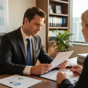 Confident bankruptcy attorney in modern law office reviewing debt documents with client