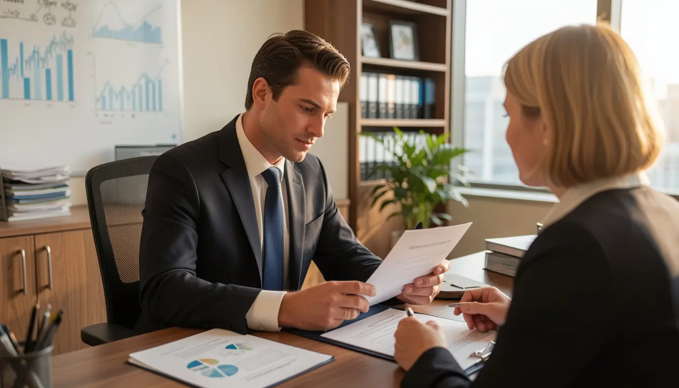 Confident bankruptcy attorney in modern law office reviewing debt documents with client