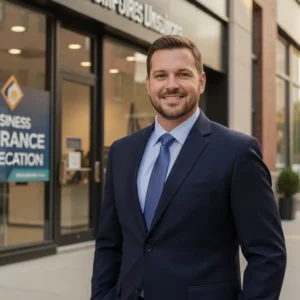 Confident American small business owner standing in front of modern shop