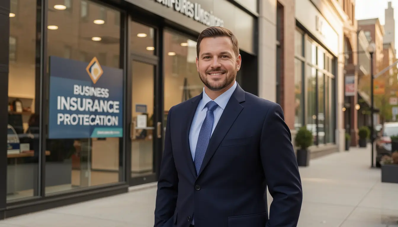 Confident American small business owner standing in front of modern shop