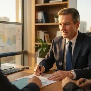 Confident car accident attorney in modern law office reviewing settlement documents