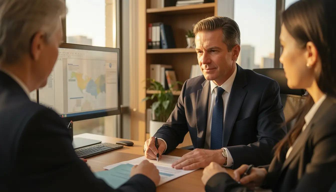 Confident car accident attorney in modern law office reviewing settlement documents