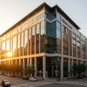 Modern American commercial building exterior at golden hour