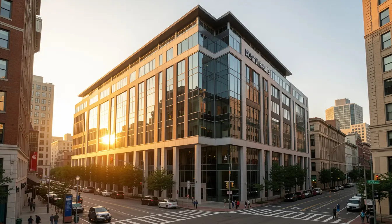 Modern American commercial building exterior at golden hour