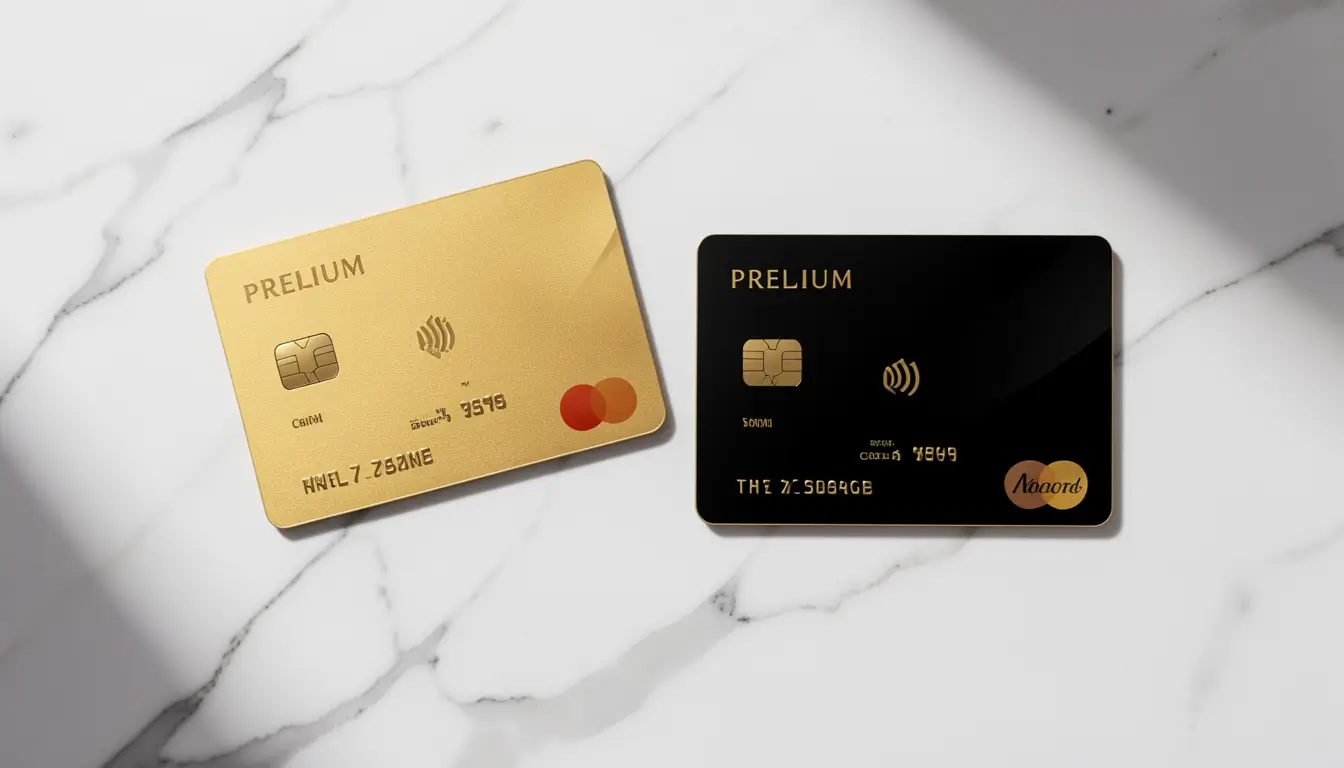 Premium credit cards spread on clean white marble surface