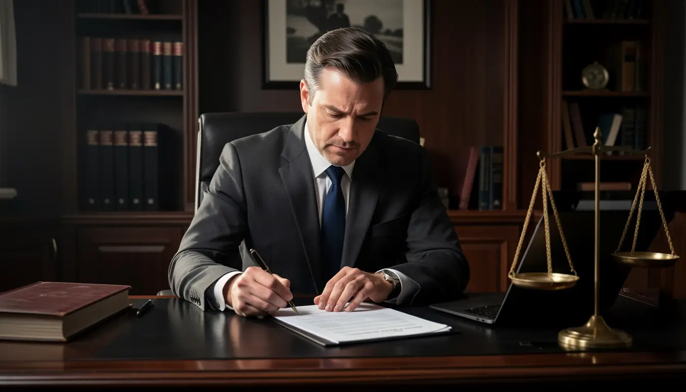 Confident defense attorney in suit reviewing DUI case documents at modern law office desk