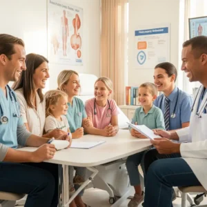Happy American family of four at doctor consultation