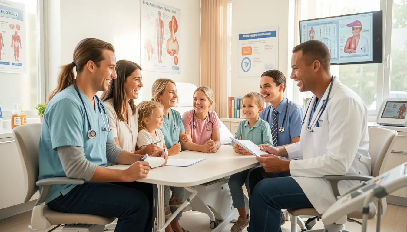 Happy American family of four at doctor consultation