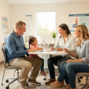 Happy American family of four at doctor consultation