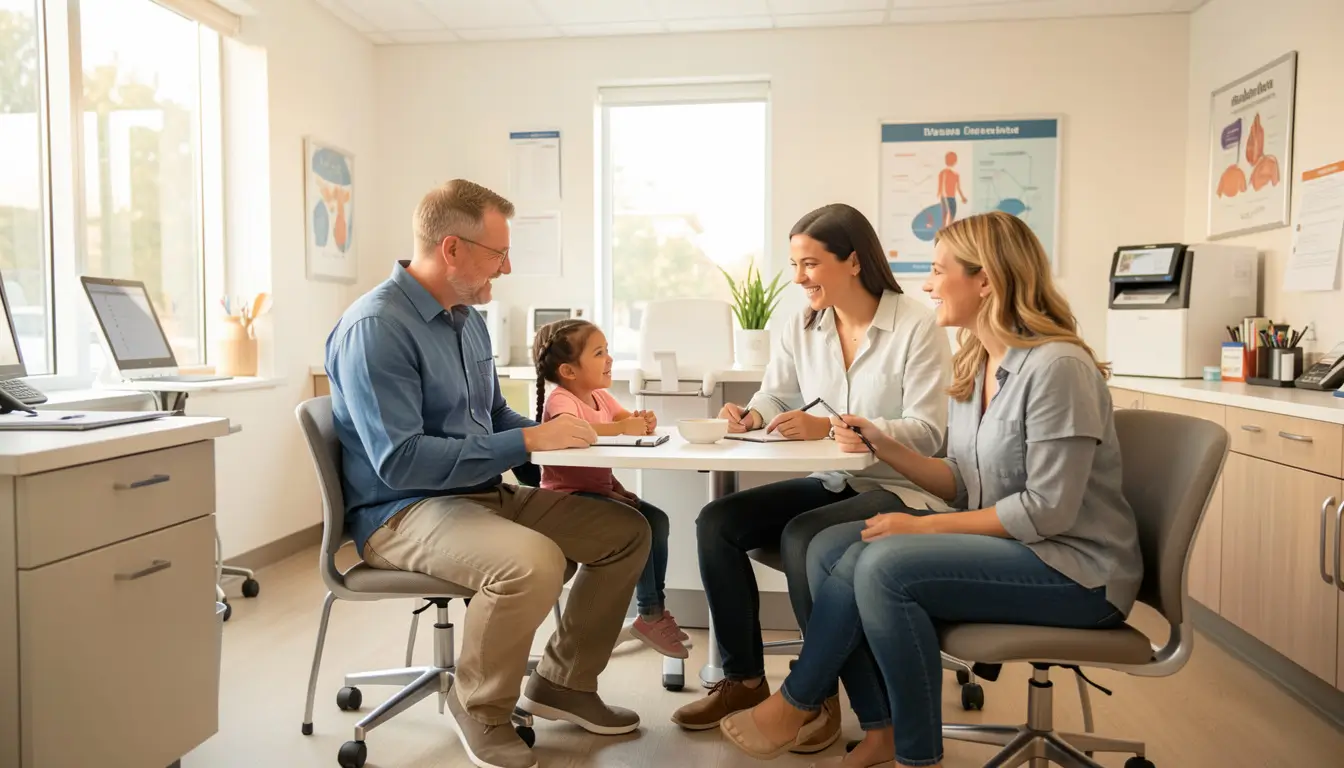 Happy American family of four at doctor consultation