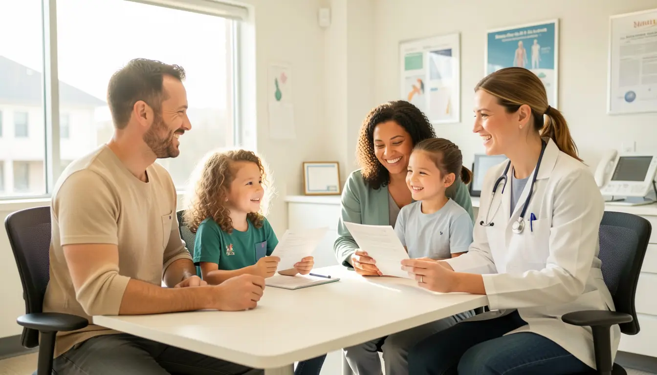 Happy American family of four at doctor consultation