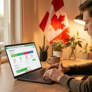 Canadian person reviewing savings account rates on laptop at modern home office