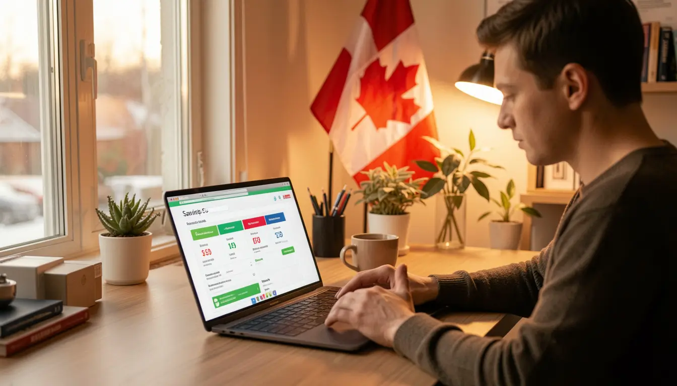 Canadian person reviewing savings account rates on laptop at modern home office