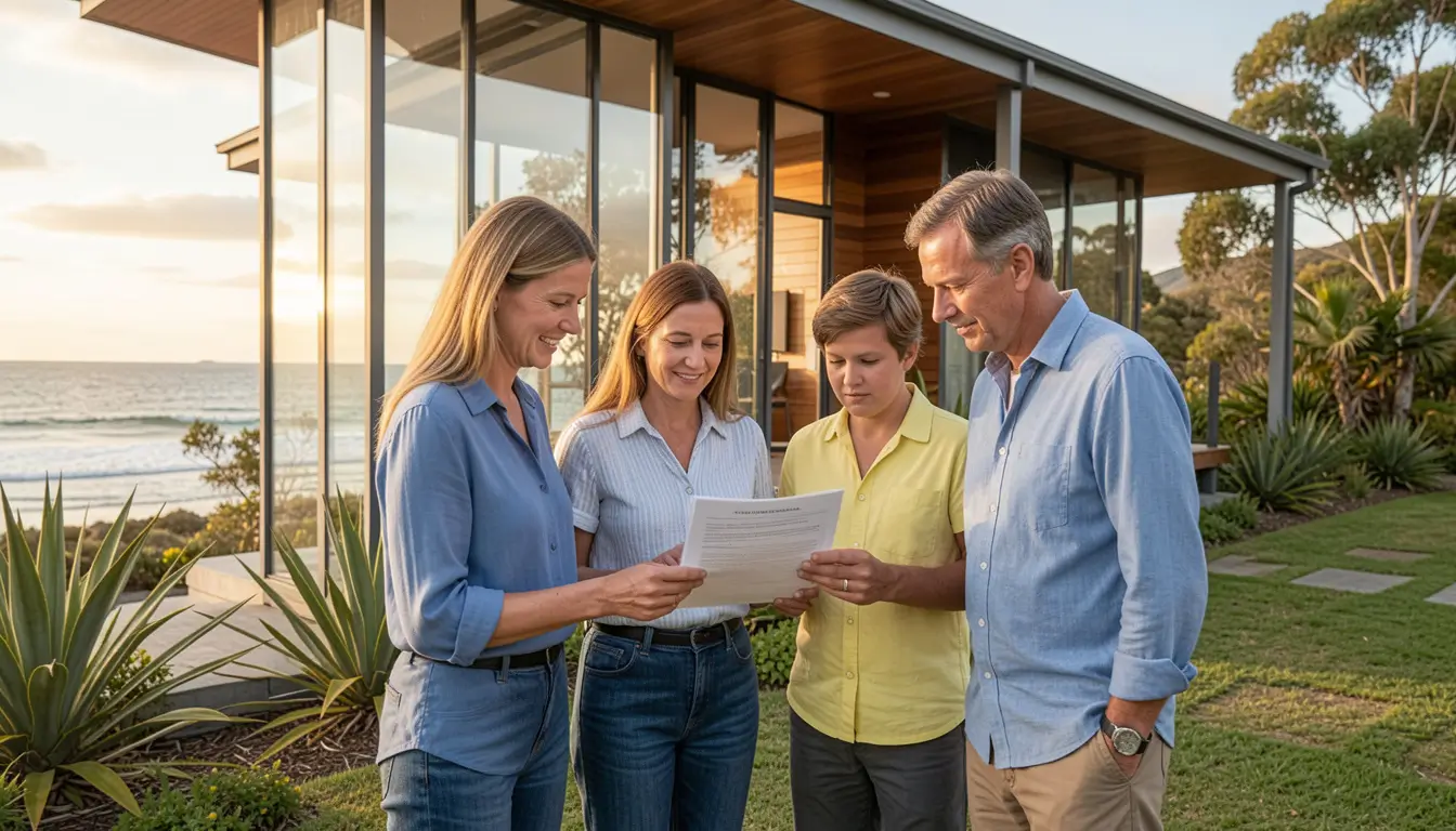 Australian family standing in front of modern home reviewing insurance policy,