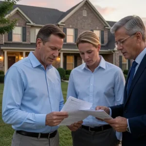Happy homeowners reviewing insurance policy documents outside their beautiful suburban home