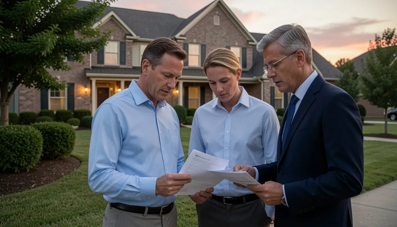 Happy homeowners reviewing insurance policy documents outside their beautiful suburban home