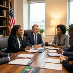 Immigration attorney consulting with diverse client family in modern law office