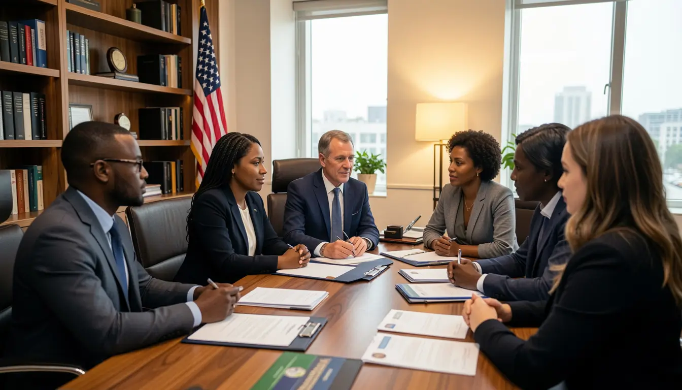 Immigration attorney consulting with diverse client family in modern law office