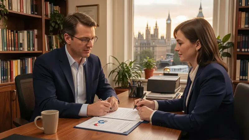 Best life insurance providers UK 2026 — insurance advisor reviewing policy with client in London office