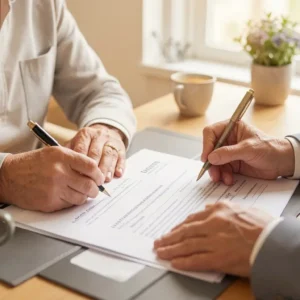 Happy senior couple reviewing life insurance policy documents with financial advisor at bright home office