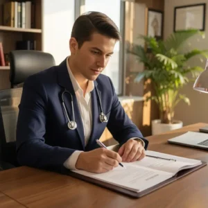 Confident medical malpractice attorney in suit reviewing medical documents at modern law office desk
