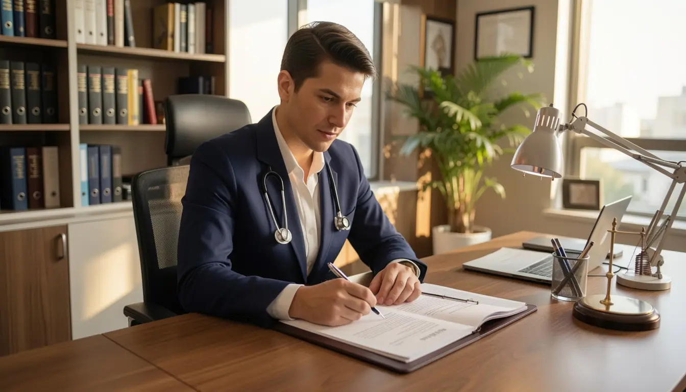 Confident medical malpractice attorney in suit reviewing medical documents at modern law office desk