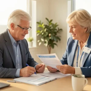 Senior American couple reviewing Medicare Advantage plan documents with insurance advisor at modern bright office