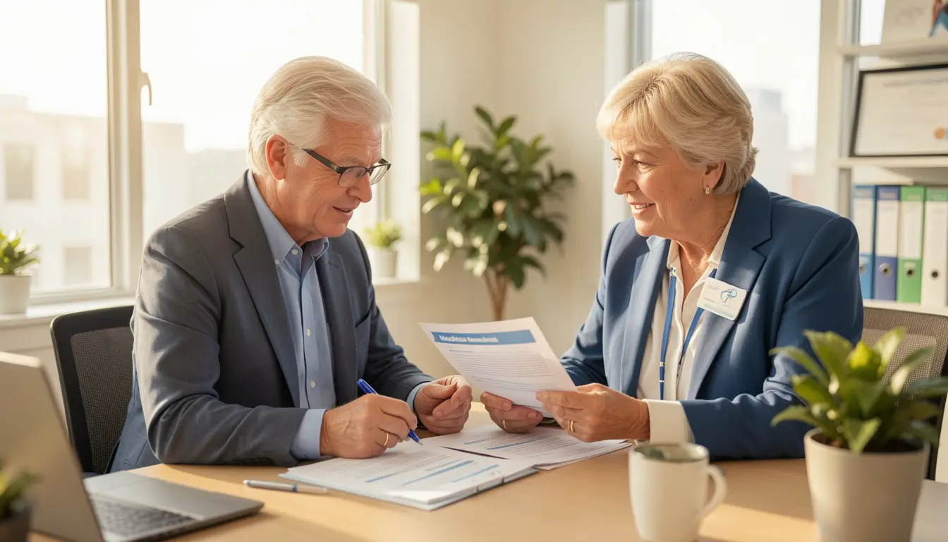 Senior American couple reviewing Medicare Advantage plan documents with insurance advisor at modern bright office