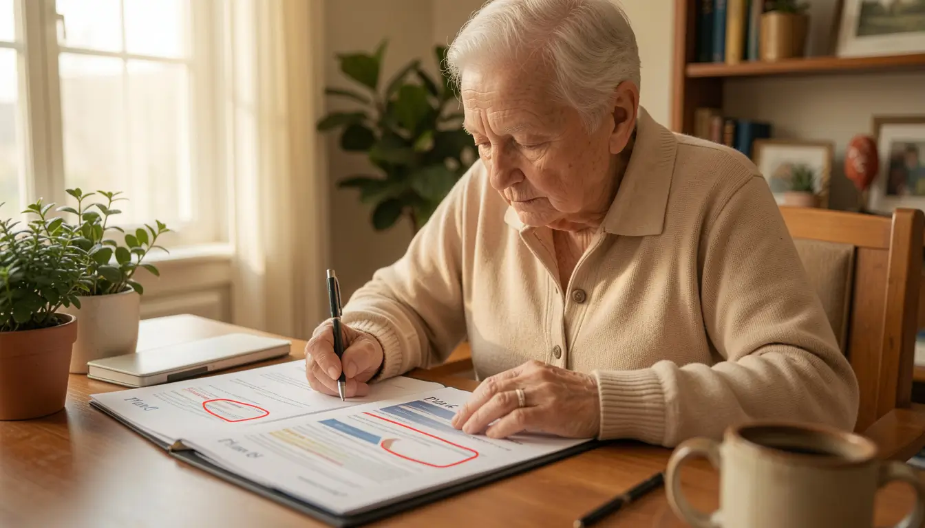 Senior comparing Medicare supplement plan documents Plan G vs Plan N at home desk