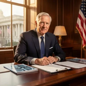 Experienced senior attorney in professional suit at mahogany desk, mesothelioma legal documents and medical records visible, American courthouse through window, dramatic warm lighting, ultra realistic photography --ar 16:9