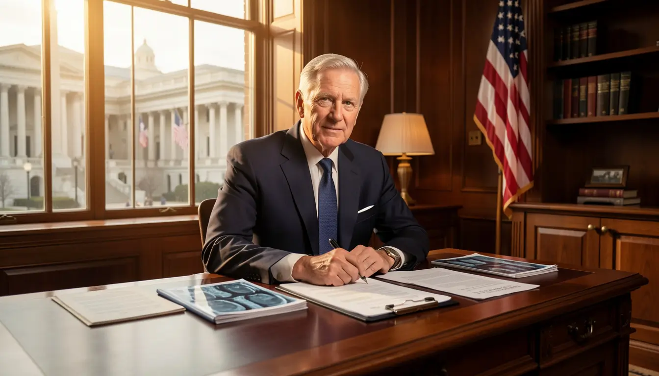 Experienced senior attorney in professional suit at mahogany desk, mesothelioma legal documents and medical records visible, American courthouse through window, dramatic warm lighting, ultra realistic photography --ar 16:9