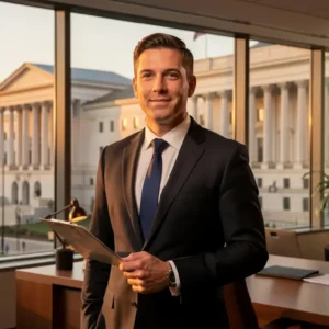 Confident professional personal injury attorney in suit standing in modern law office