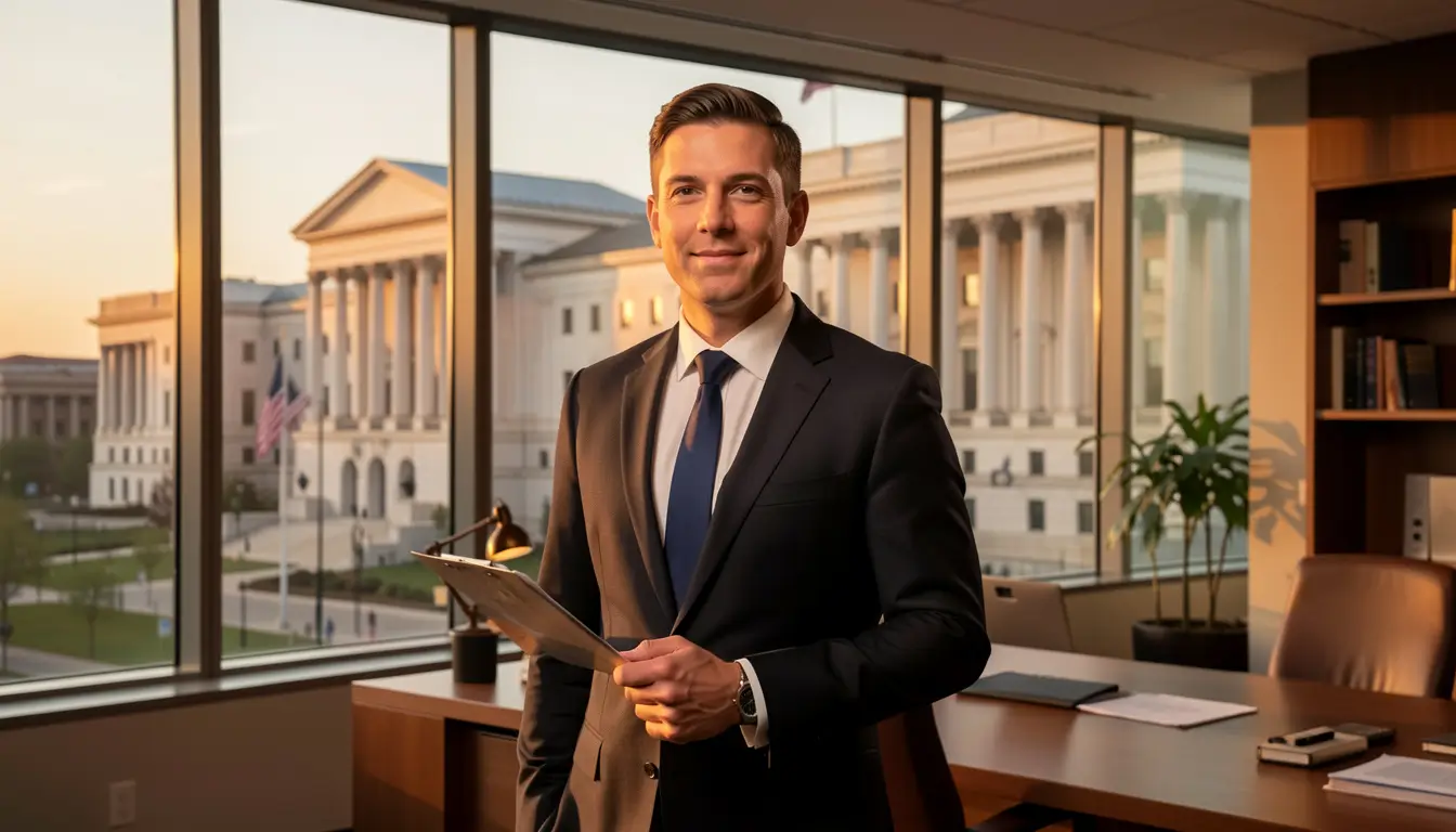 Confident professional personal injury attorney in suit standing in modern law office