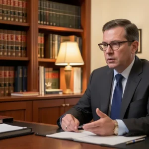 Professional UK personal injury solicitor consulting client in London law office