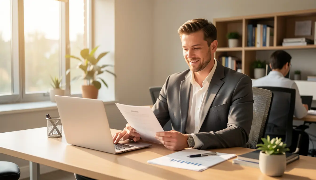 Professional small business owner reviewing insurance documents at modern office desk